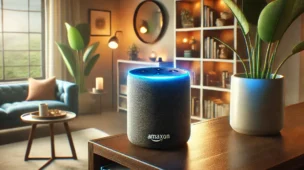 Echo Dot última geração com luz azul acesa, posicionado em uma estante de sala moderna com livros e plantas ao fundo