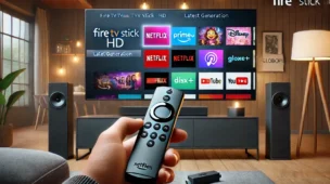 ire TV Stick HD conectado a uma TV moderna exibindo tela de streaming com Netflix, Prime Video e YouTube. Controle remoto Alexa em uso, ambiente com iluminação inteligente e decoração aconchegante – configuração de entretenimento doméstico inteligente