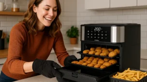 Mulher feliz em uma cozinha moderna retirando assados dourados da Air Fryer Oven Mondial de 12L, com forno aberto e alimentos prontos para servir.